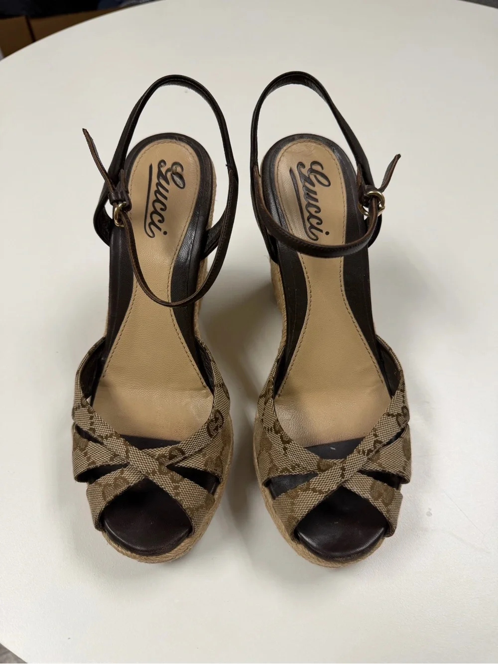 Gucci Beige/Brown Monogram Espadrille Wedge Sandals